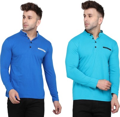 Lawful Casual Solid Men Mandarin Collar Light Blue, Blue T-Shirt