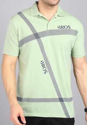 3BROS Striped, Typography Men Polo Neck Light Green T-Shirt