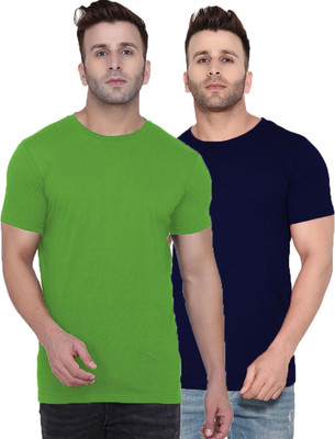 Kroptee Solid Men Round Neck Dark Green, Navy Blue T-Shirt