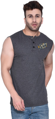 Blisstone Printed Men Henley Neck Grey T-Shirt
