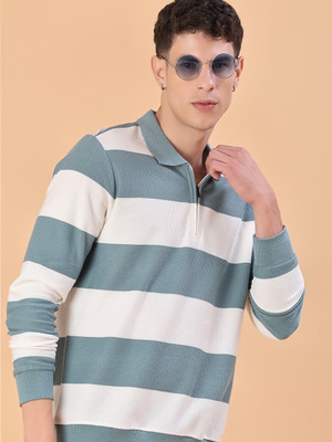 V-MART Striped Men Polo Neck Green T-Shirt