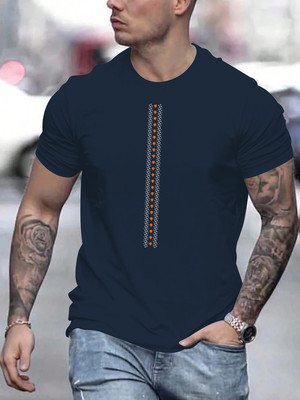 KAJARU Printed Men Round Neck Dark Blue T-Shirt