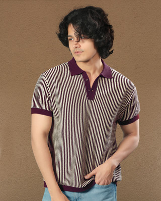 SaintArebian Self Design Men Polo Neck Maroon, Beige T-Shirt