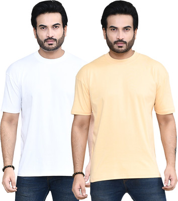 altius Solid Men Round Neck White, Beige T-Shirt