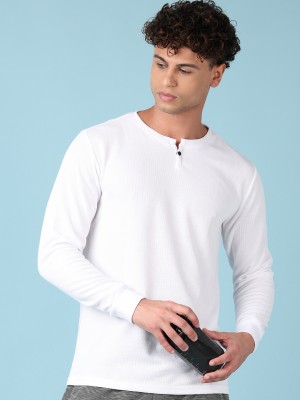 V-MART Solid Men Henley Neck White T-Shirt