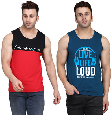 SLOWLORIS Printed, Colorblock Men Round Neck Dark Blue, Black, Red T-Shirt