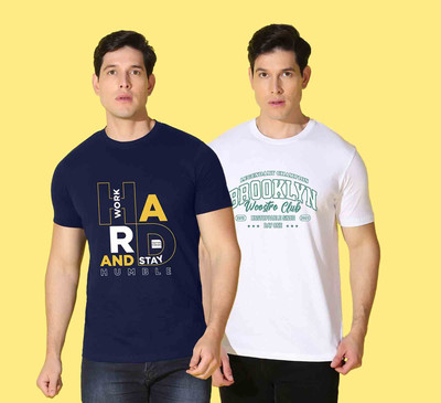 WOOSTRO Graphic Print Men Round Neck White, Navy Blue T-Shirt