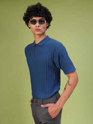 LIMEROAD Solid Men Polo Neck Blue T-Shirt
