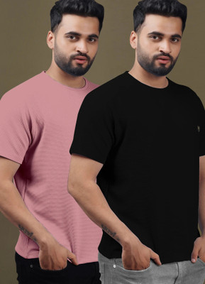 Yazole Solid Men Round Neck Black, Pink T-Shirt