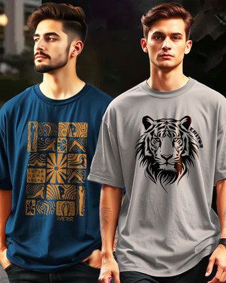 AOOSH Graphic Print Men Round Neck Multicolor, Grey T-Shirt