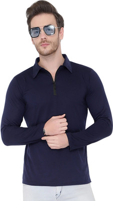JB Jangoboy Solid Men Polo Neck Dark Blue T-Shirt