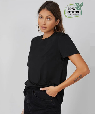 HIPOP Solid Women Round Neck Black T-Shirt