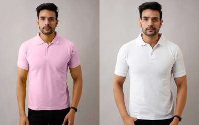 Silver Swan Solid Men Polo Neck Pink, White T-Shirt