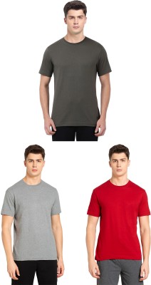 JOCKEY Solid Men Round Neck Dark Green, Grey, Red T-Shirt