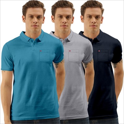 TAB91 Solid Men Polo Neck Dark Blue, Grey, Blue T-Shirt