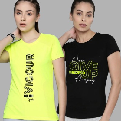 CULISH Typography Women Round Neck Light Green, Black T-Shirt