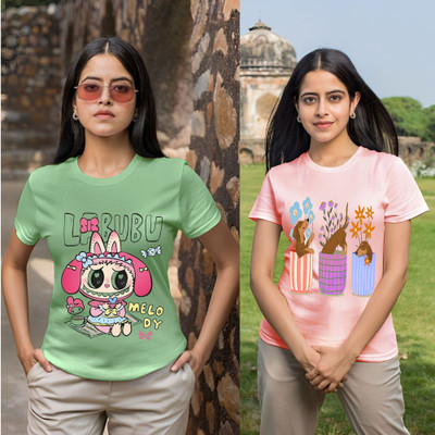 Kasendra Printed Women Round Neck Green, Pink T-Shirt