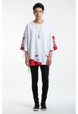 R World Solid Men Round Neck White, Red T-Shirt