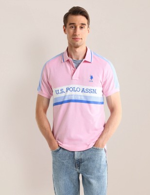 U.S. POLO ASSN. Printed Men Polo Neck Pink T-Shirt