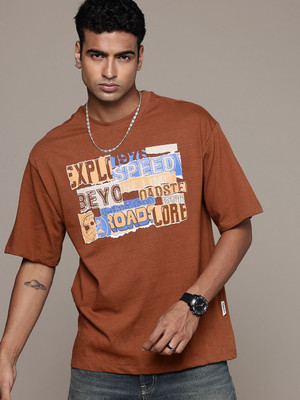 Roadster Printed Men Round Neck Brown T-Shirt