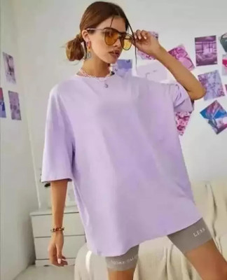 Earthstick Solid Women Round Neck Purple T-Shirt
