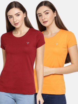 TWIN BIRDS Solid Women Round Neck Maroon, Orange T-Shirt