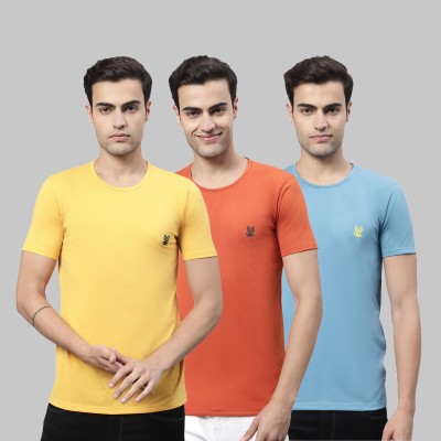 VIMAL JONNEY Solid Men Round Neck Light Blue, Orange, Yellow T-Shirt
