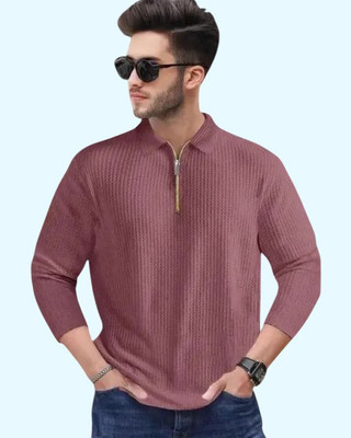 TEMUK Self Design Men Zip Neck Pink T-Shirt