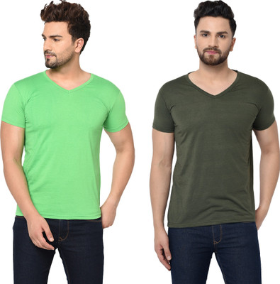 Tresna Fab Solid Men V Neck Green T-Shirt