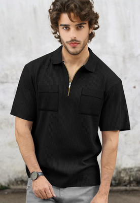 TRIPR Solid Men Polo Neck Black T-Shirt
