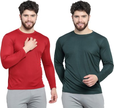 af collection Solid Men Round Neck Maroon, Dark Green T-Shirt