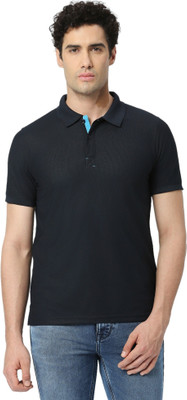 playR Solid Men Polo Neck Navy Blue T-Shirt