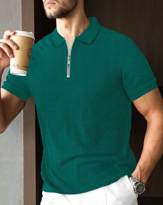 AUSK Self Design Men Polo Neck Green T-Shirt