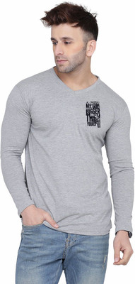 GEUM Printed Men V Neck Silver T-Shirt