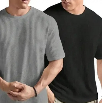 SR Fashion Self Design Men Round Neck Grey, Black T-Shirt