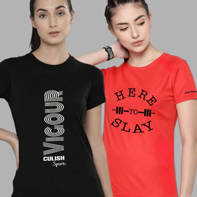SPOWEARY Printed Women Round Neck Orange, Navy Blue T-Shirt