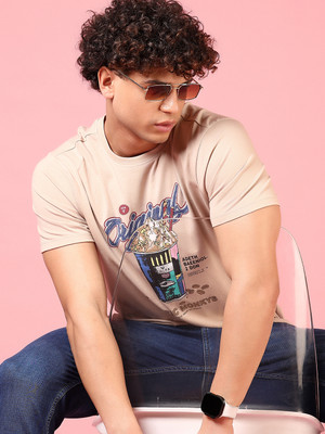 V-MART Printed Men Round Neck Beige T-Shirt