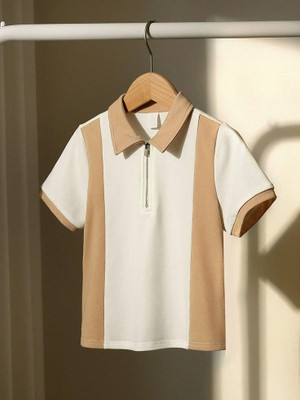 GEEZY Colorblock Men Zip Neck Beige, White T-Shirt