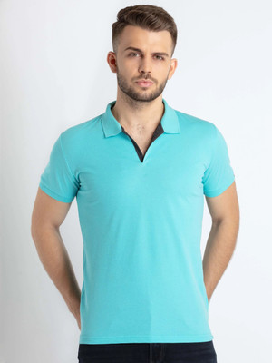 Status Quo Solid Men Polo Neck Blue T-Shirt