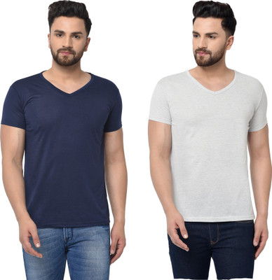 Tresna Fab Solid Men V Neck Dark Blue, Grey T-Shirt