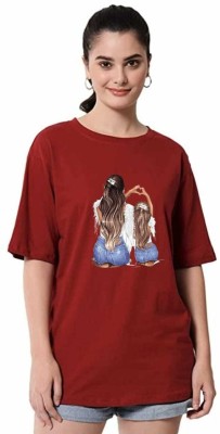 Wingrey Printed Women Round Neck Maroon T-Shirt