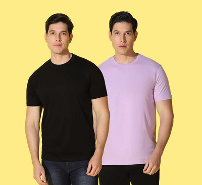 WOOSTRO Solid Men Round Neck Black, Purple T-Shirt