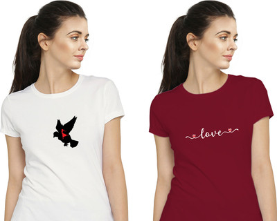 Stylimo Printed Women Round Neck Red, White T-Shirt