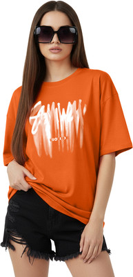 Leotude Printed Women Round Neck Orange T-Shirt