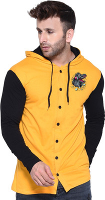 Money Leaf Graphic Print Men Hooded Neck Yellow, Black T-Shirt