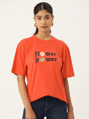 SLENOR Printed, Typography Women Round Neck Orange T-Shirt