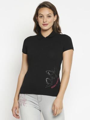 BEING HUMAN Printed Women Polo Neck Black T-Shirt