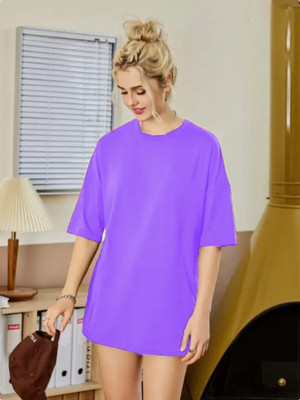etsun Solid Women Round Neck Purple T-Shirt