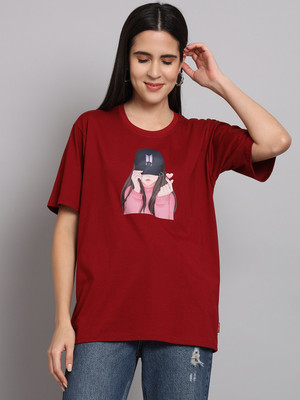ROYAL LIYO Printed Women Round Neck Maroon T-Shirt
