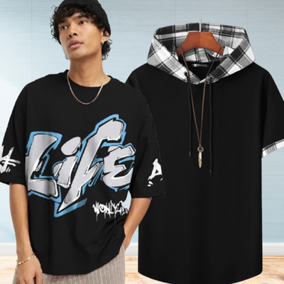 Jump Cuts Printed Men Hooded Neck Reversible Multicolor T-Shirt